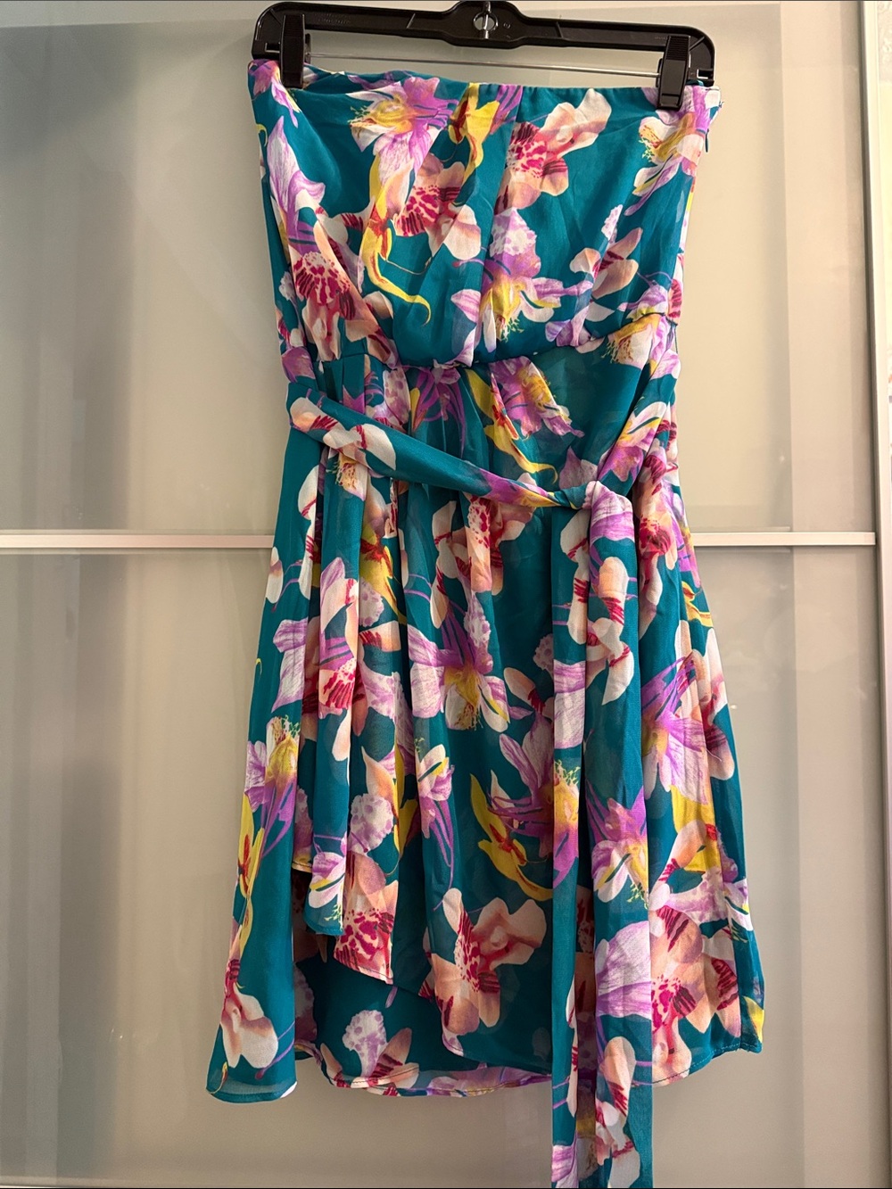 Express Strapless Floral Dress in Teal, Pink, Yellow